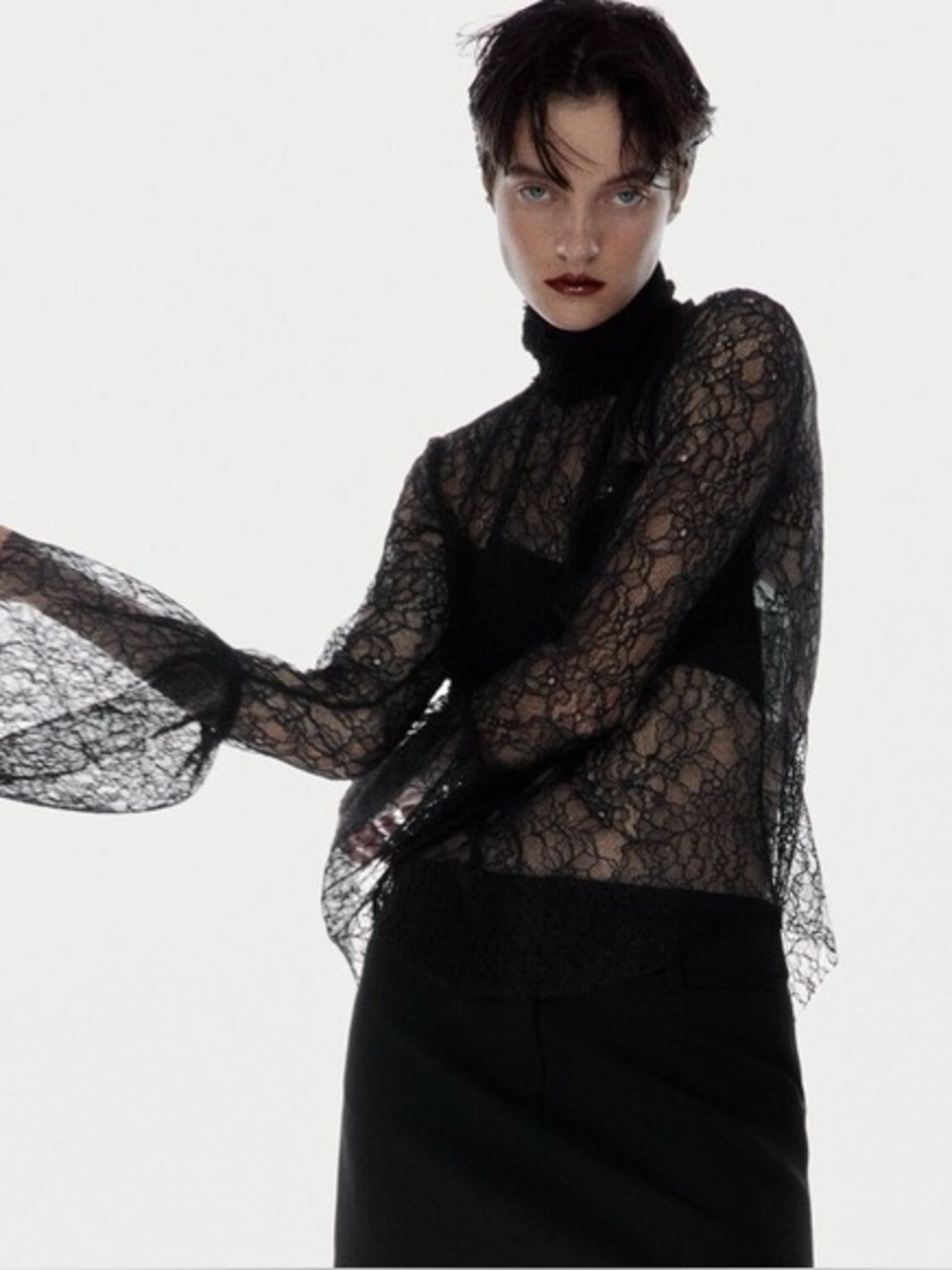 Zara Black Sheer Lace High-Neck Long-Sleeve Top